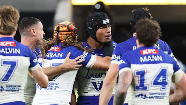 Canterbury celebrate their golden point victory over the Dragons in Las Vegas.