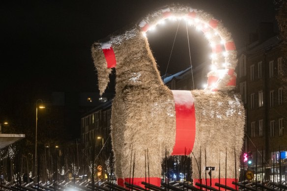 The Gavle goat when first safely erected in the town square.  