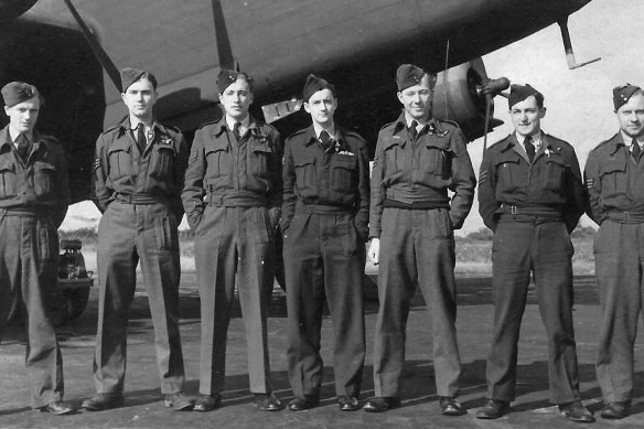 Ron Houghton, pictured centre, with his Halifax aircrew in 1944. 