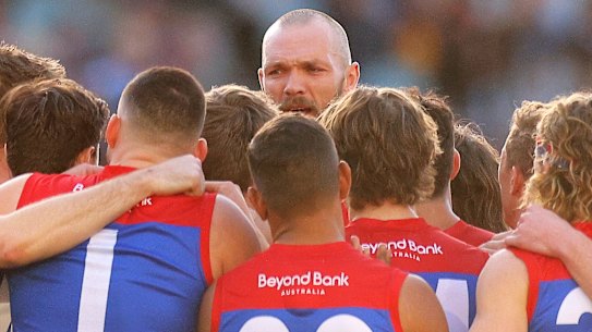 Max Gawn addresses his players before the round 10 match between the Adelaide Crows and the Melbourne Demons.