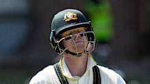 Australia’s Steve Smith reacts as he walks off the field after his dismissal on day five.