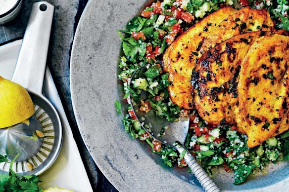 Food. Neil Perry's spiced chicken breast with garlic and mint yoghurt. SMH GOOD WEEKEND Picture by WILLIAM MEPPEM GW121117