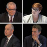 The royal commission into the robo-debt scheme featured a line-up of former Liberal frontbenchers (clockwise from top left): Scott Morrison, Marise Payne, Malcolm Turnbull, Alan Tudge, Christian Porter and Stuart Robert.