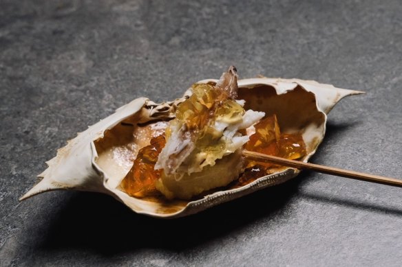 Lotus root tempura with blue swimmer crab and tosazu jelly at Haco.
