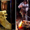 Left: Professor Mike Archer with the preserved pub that inspired his de-extinction program in 2000. Right: Dr Anna Gillespie recovering a thylacine fossil from a boulder using acetic acid.