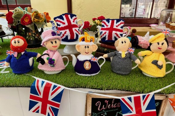 The knitted tea cosy shrine to the royals for King Charles III coronation celebrations at The Tea Cosy at The Rocks. 