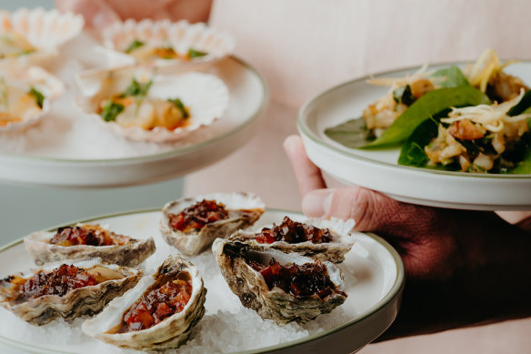 Two Noble’s snacks include a Chinese take on oysters kilpatrick and scallops with charred corn custard.