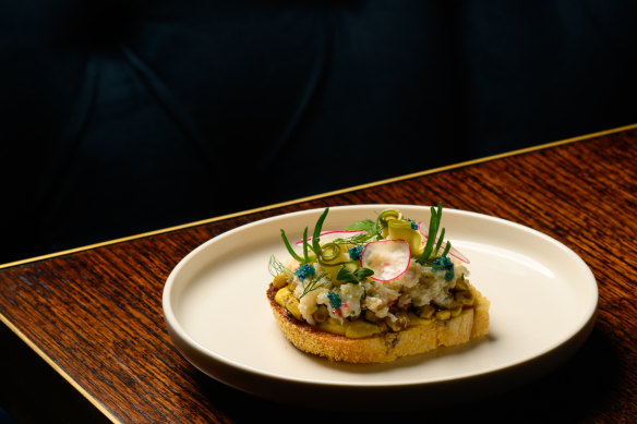 Blackbird’s spanner crab served on grilled cornbread with sweetcorn and pumpkin seed oil.