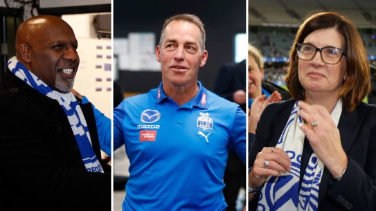 North Melbourne chief executive Ben Amarfio, coach Alastair Clarkson and president Sonja Hood.