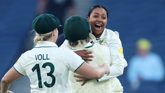 Alana King after taking the wicket of England’s Nat Sciver-Brunt.