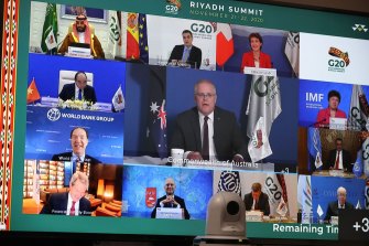 Prime Minister Scott Morrison and world leaders during the virtual G20 summit last November. 
