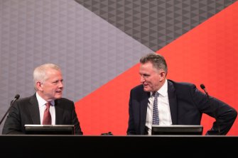 NAB chief executive Ross McEwan and chair Philip Chronican during the bank’s AGM. 
