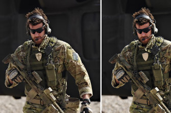 The original photo (left) of Ben Roberts-Smith displaying a Crusader’s cross on his uniform while on duty in Afghanistan. The evidence was later edited out (right) in the official photo released by Defence.