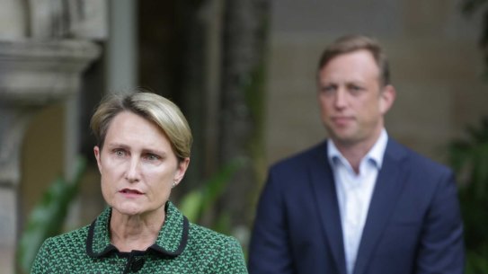 Queensland acting Chief Health Officer Sonya Bennett announcing the greater Melbourne hotspot on Friday with Deputy Premier Steven Miles.