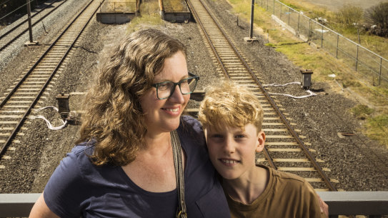 Rowena Joske, pictured near the old Paisley Train Station in Altona North with her 10-year-old son Duncan.