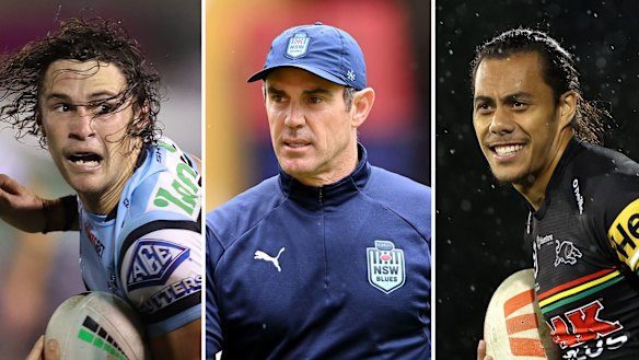 Sharks star Nicho Hynes, NSW Blues coach Brad Fittler and Panthers star Jarome Luai.