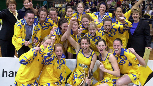 Briony Akle (front, second from left), Megan Anderson (front right) and the Sydney Swifts celebrate victory in the Commonwealth Bank Trophy grand final in 2001.