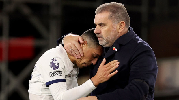 Pedro Porro and Ange Postecoglou embrace during Tottenham’s win over Crystal Palace.
