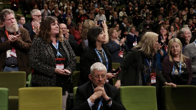SDA national president Joe de Bruyn stayed seated as ALP National Conference gave Senator Penny Wong a standing ovation after her speech on same-sex marriage in Melbourne in 2015.