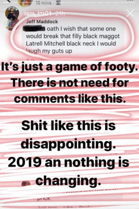 Latrell Mitchell takes to Instagram to post the shocking racist message sent to him by a troll.