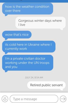 A screen grab of a conversation with a suspected scammer on Word with Friends.  Often they steal public profiles and photos belonging to others. 