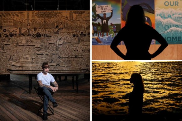 Clockwise from left:  Duke Riley with his work The View From The Mouth Of The Newtown Creek During Final Days of Battle, The Torres Strait 8’s poster wall of creations and Yoan Capote’s work Requiem. 