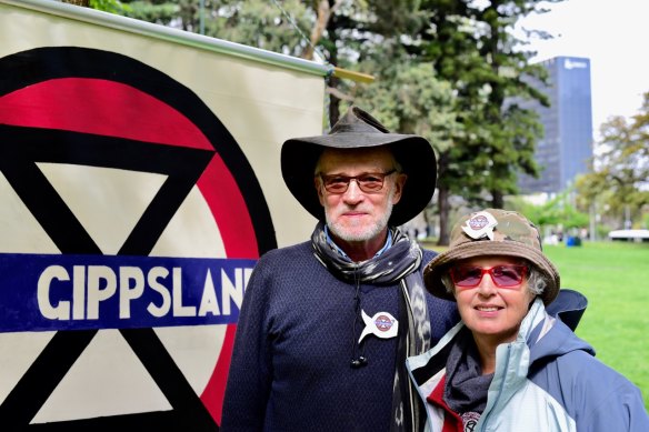 Angela Crunden and her partner Tony Peck came from their home in Bairnsdale, East Gippsland, to take part in Extinction Rebellion protests in Melbourne.