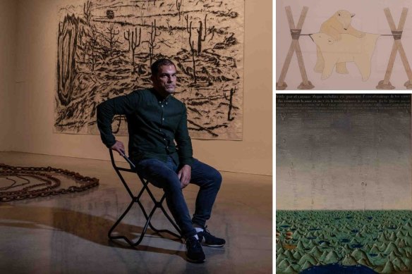 Clockwise from left: Artist  Matias Duville,  Qavavau Manumie’s Untitled (detail) and Alex Cerveny’s Aquifera (detail). 
