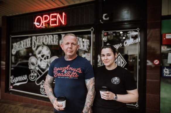 Carl and Nicola Fricker, the husband-and-wife owners of Death Before Decaf, a 24-hour cafe in New Farm.