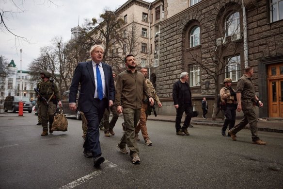 Ukraine President Volodymyr Zelenskyy takes Boris Johnson on a tour of warn-torn Kyiv. 