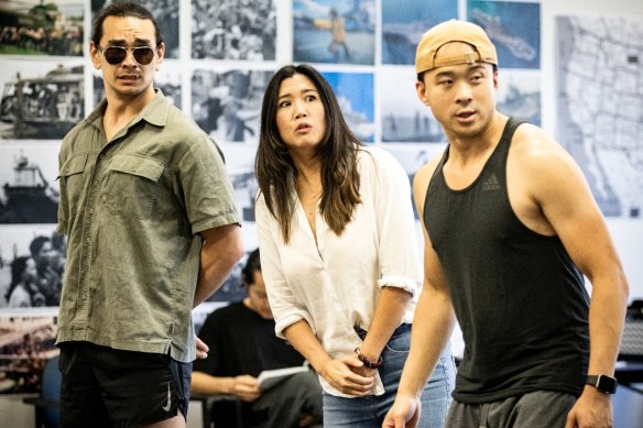 Patrick Jhanur, Ngoc Phan and Will Tran during rehearsals for Queensland Theatre’s <i>Vietgone</i>.