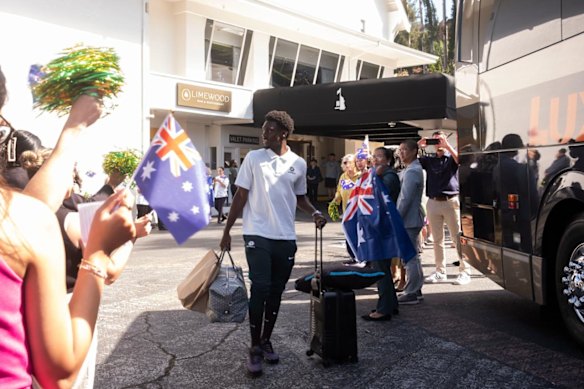 Mohamed Toure departs the Socceroos’ team hotel in Berkeley and boards a bus bound for the airport. 