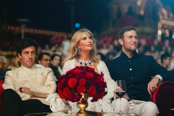 Ivanka Trump, centre, and husband Jared Kushner, right, embraced a regal look at the pre-wedding bash of billionaire industrialist Mukesh Ambani’s son Anant Ambani in Jamnagar, India.