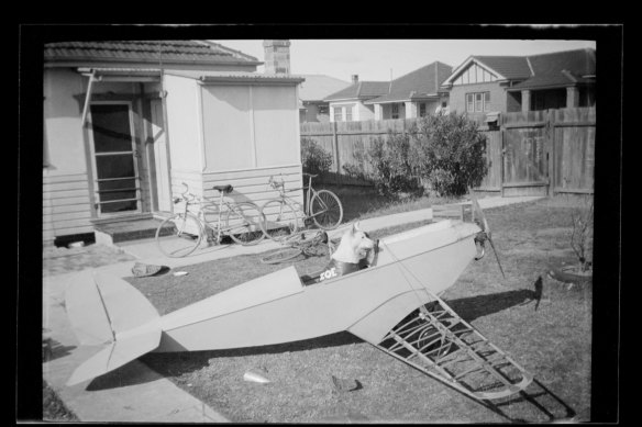 Zoe the Police Dog, with her plane under construction. Negatives unearthed from the Forensic Police Archive, Sydney.