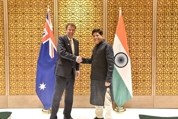 Trade Minister Dan Tehan and Indian counterpart Piyush Goyal during earlier negotiations on an interim free-trade deal.