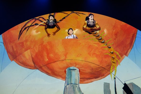 Ellen Bailey (Miss Spider), Will Carseldine (James) and Jeremiah Wray (Centipede) in James and the Giant Peach.
