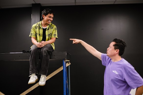 Playwright Jordan Shea (right) rehearses his Queensland Theater production with actor Marty Alix.