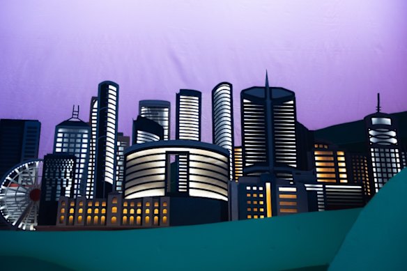 Brisbane’s skyline as it appears in the La Boite/Dead Puppet Society show We’re All Gonna Die!