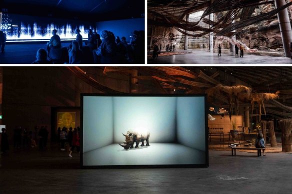 Clockwise from top left: Bernie Krause and United Visual Artists’ The Great Animal Orchestra, Cave Urban’s Flows and Alexandra Daisy Ginsberg’s The Substitute.