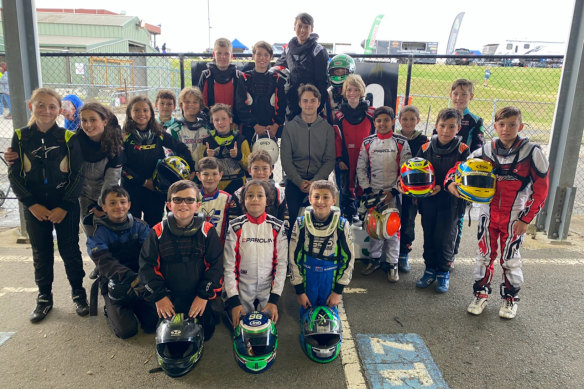 Oscar Piastri (centre wearing grey hoodie)  at a Junior Top Guns event at Oakleigh Go-Kart Centre (January 2021).