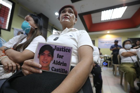 Nanette Castillo watches live coverage from Manila showing the first day of former president Rodrigo Duterte's trial in The Hague.