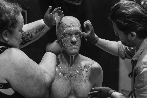 Actor Jeremiah Wray undergoes head masking for the prosthetic makeup he will wear in Shake & Stir’s <i>Frankenstein</i>.