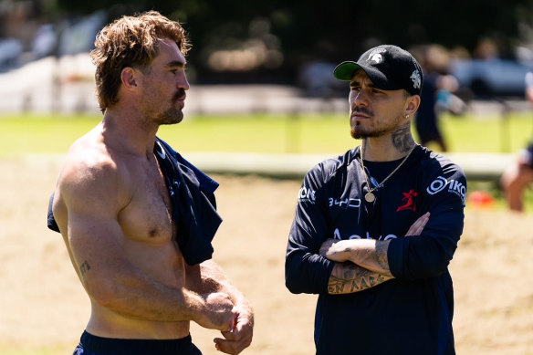 Roosters hooker Connor Watson with boxer George Kambosos at Roosters training on Thursday.