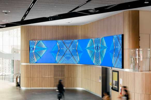 The UTS Art On Campus video on a 12 metre screen takes art to passers by in Broadway. Pictured is Morris’ Barkindji Blue Sky - Ancestral Connections #10, commissioned by UTS