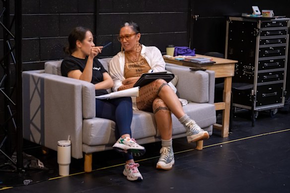 Courtney Stewart and Lisa Fa’alafi during rehearsals of 2025 La Boite production of Macbeth.