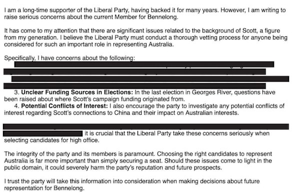 An anonymous email sent to Labor and Liberal HQs about Bennelong candidate Scott Yung on February 25, 2025. The author incorrectly refers to Yung as the “current member for Bennelong”.