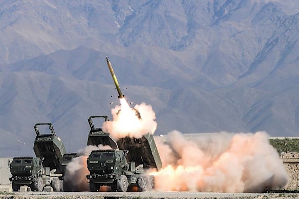 A GMLRS being test-fired from a HiMARS launcher.