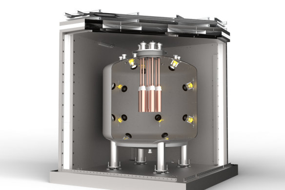 A cutaway of the dark matter detector. The copper tubes containing the crystals are at the centre.