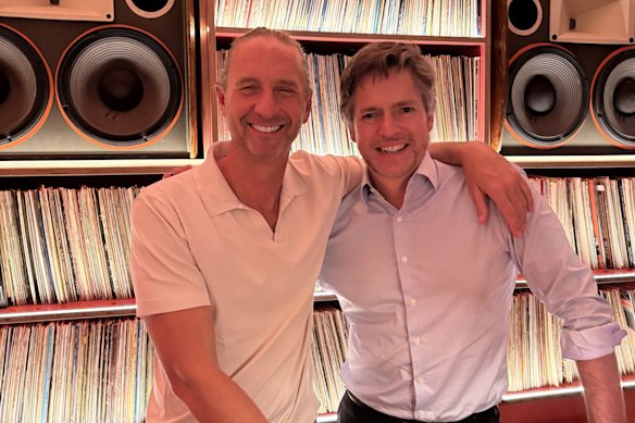 No jacket required: Reece hangs with Justin Hemmes.