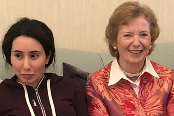 Latifa with ex-Irish president Mary Robinson in late 2018; this is the only proof her friend Tiina has that the princess is still alive.